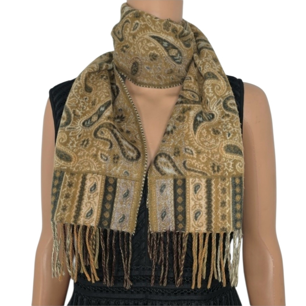V. FRAAS Cashmink Long Brown Scarf Fringe Paisley Floral Soft 52" V Fross Scarf